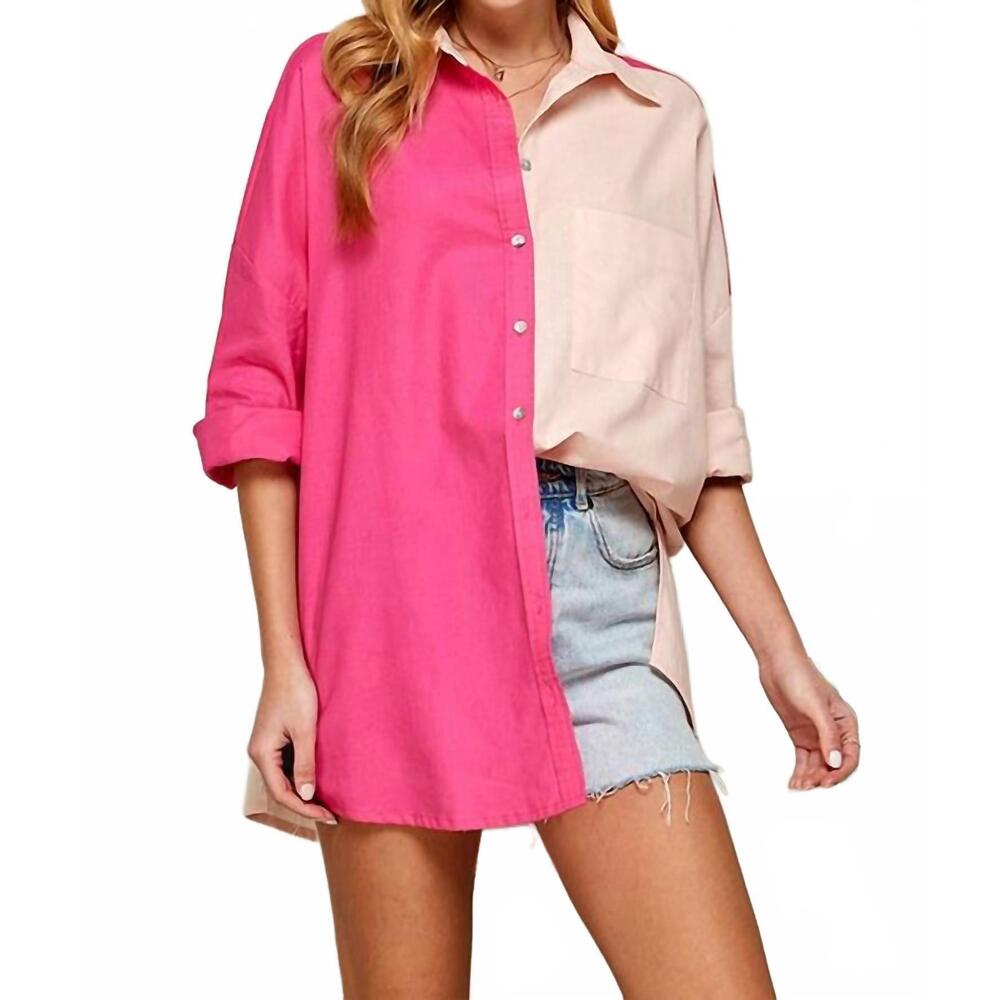 NEW TWENTY TEN color block button down shirt in fuchsia/peach